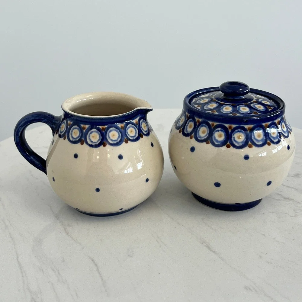 Vtg German‎ Pottery Creamer Pitcher Sugar Bowl Polish Pottery Style Hand Painted